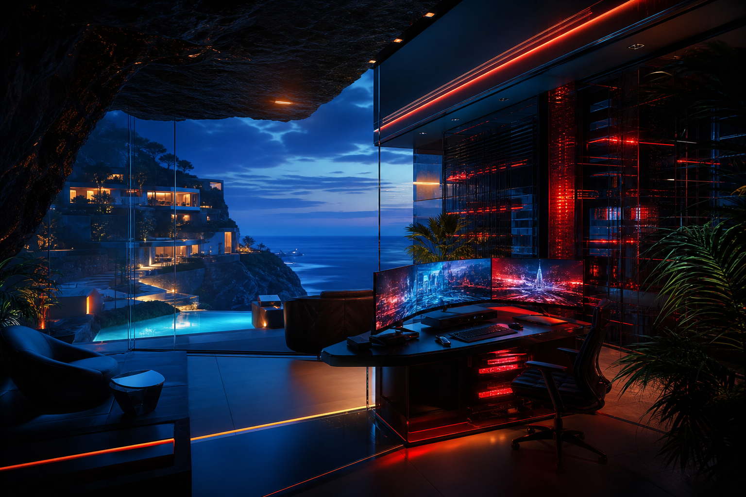 Cyberpunk Hacker Room With Neon Screens Luxury-Villas Wallpaper  3 4K