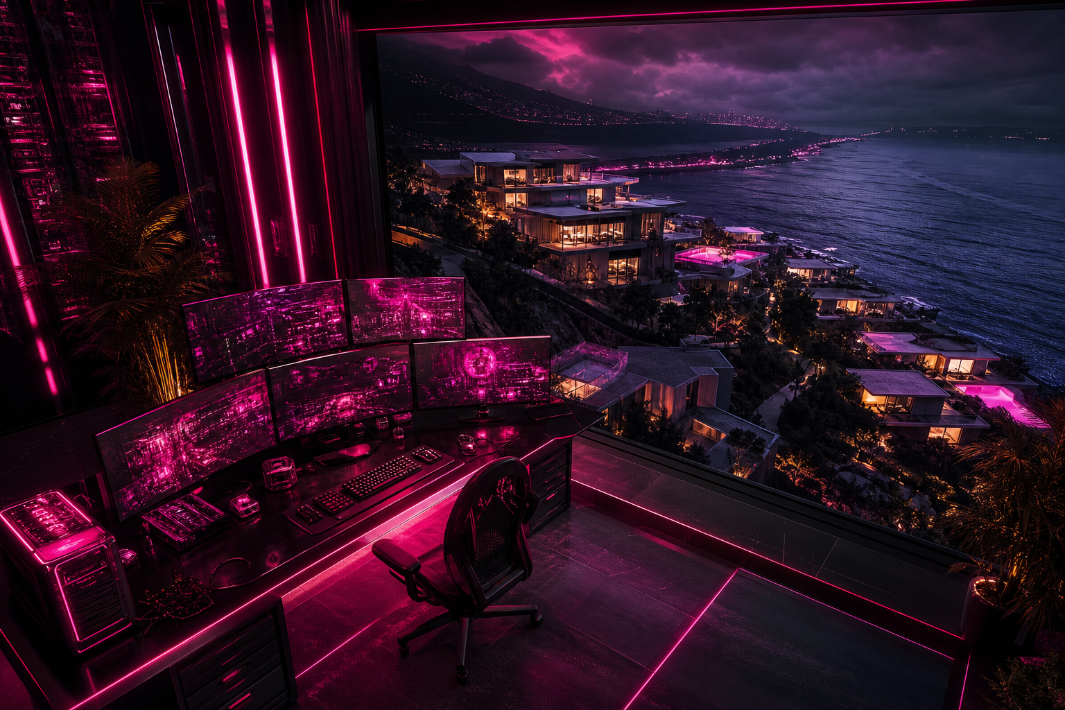 Cyberpunk Hacker Room With Neon Screens Luxury-Villas Wallpaper  3 4K