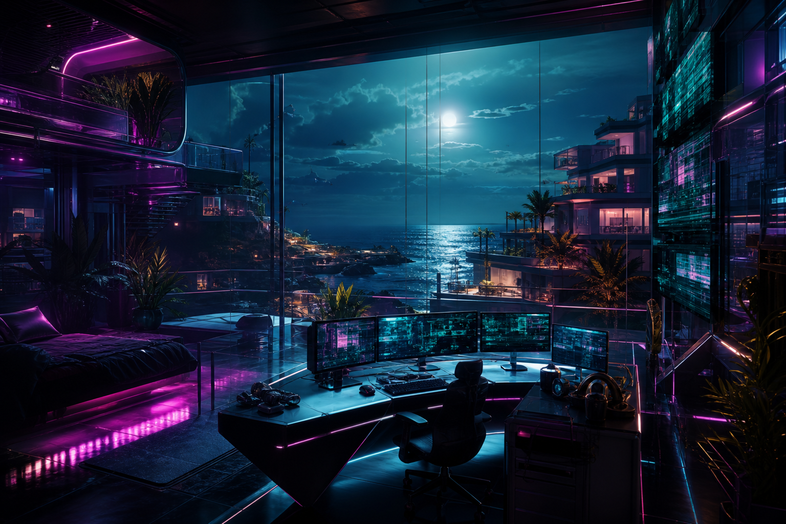 Cyberpunk Hacker Room With Neon Screens Luxury-Villas Wallpaper  3 4K
