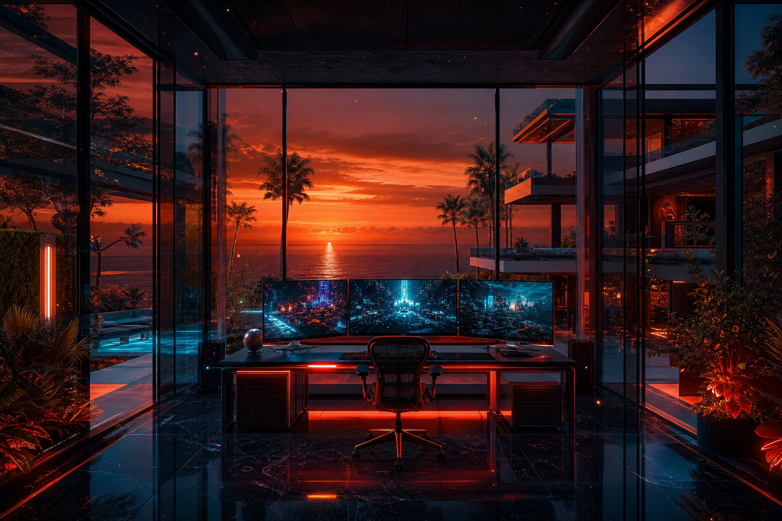 Cyberpunk Hacker Room With Neon Screens Luxury-Villas Wallpaper  3 4K
