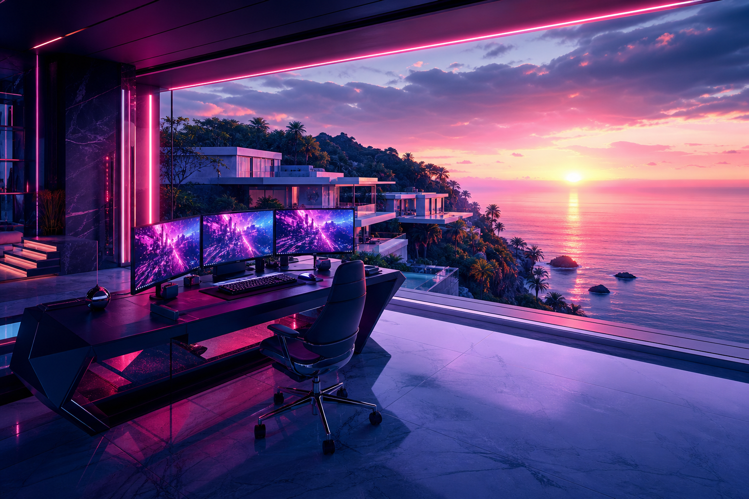 Cyberpunk Hacker Room With Neon Screens Luxury-Villas Wallpaper  3 4K