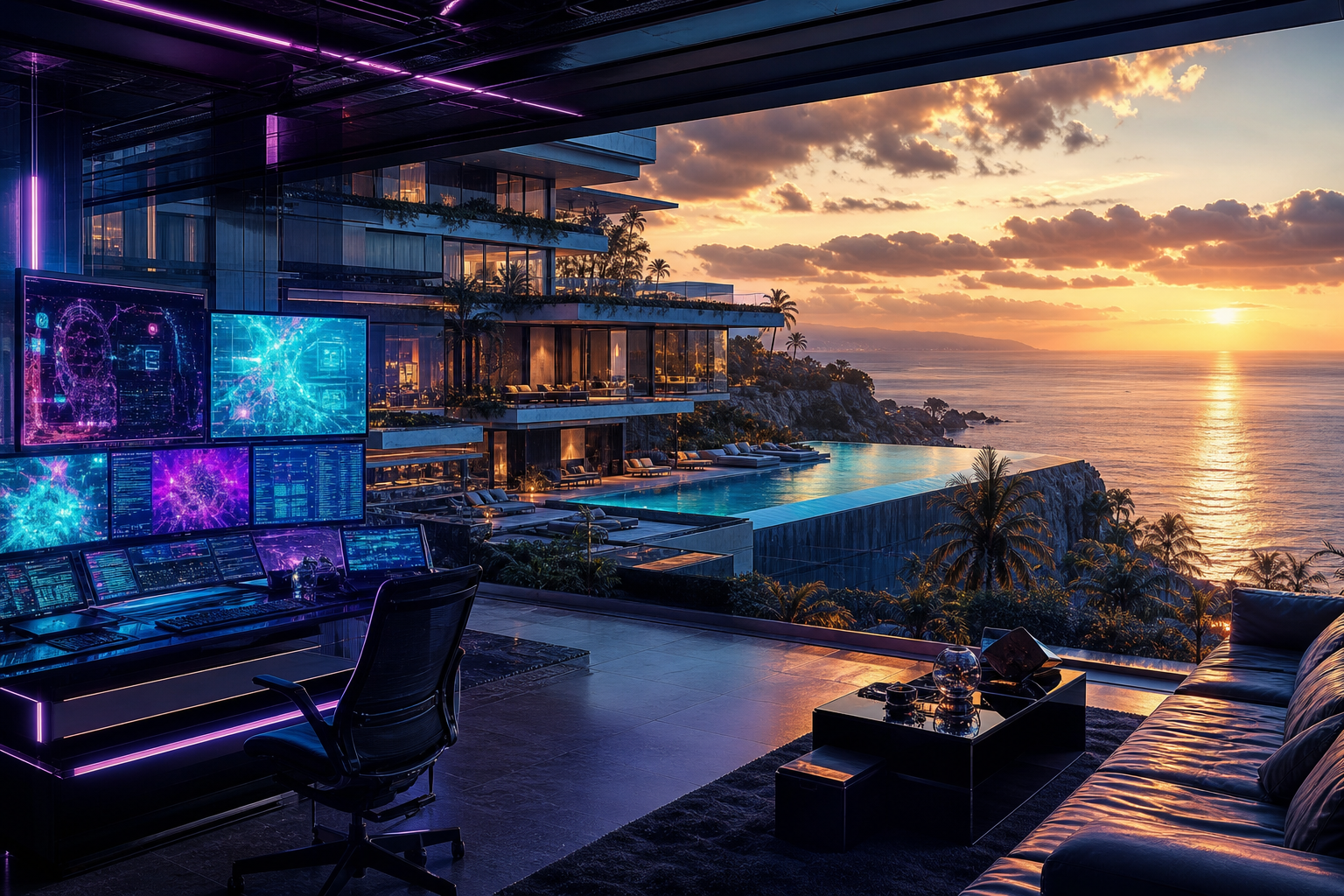 Cyberpunk Hacker Room With Neon Screens Luxury-Villas Wallpaper  3 4K