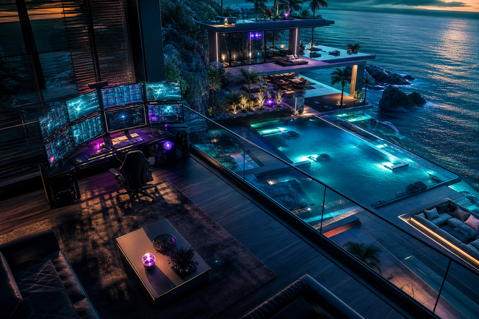 Cyberpunk Hacker Room With Neon Screens Luxury-Villas Wallpaper  3 4K