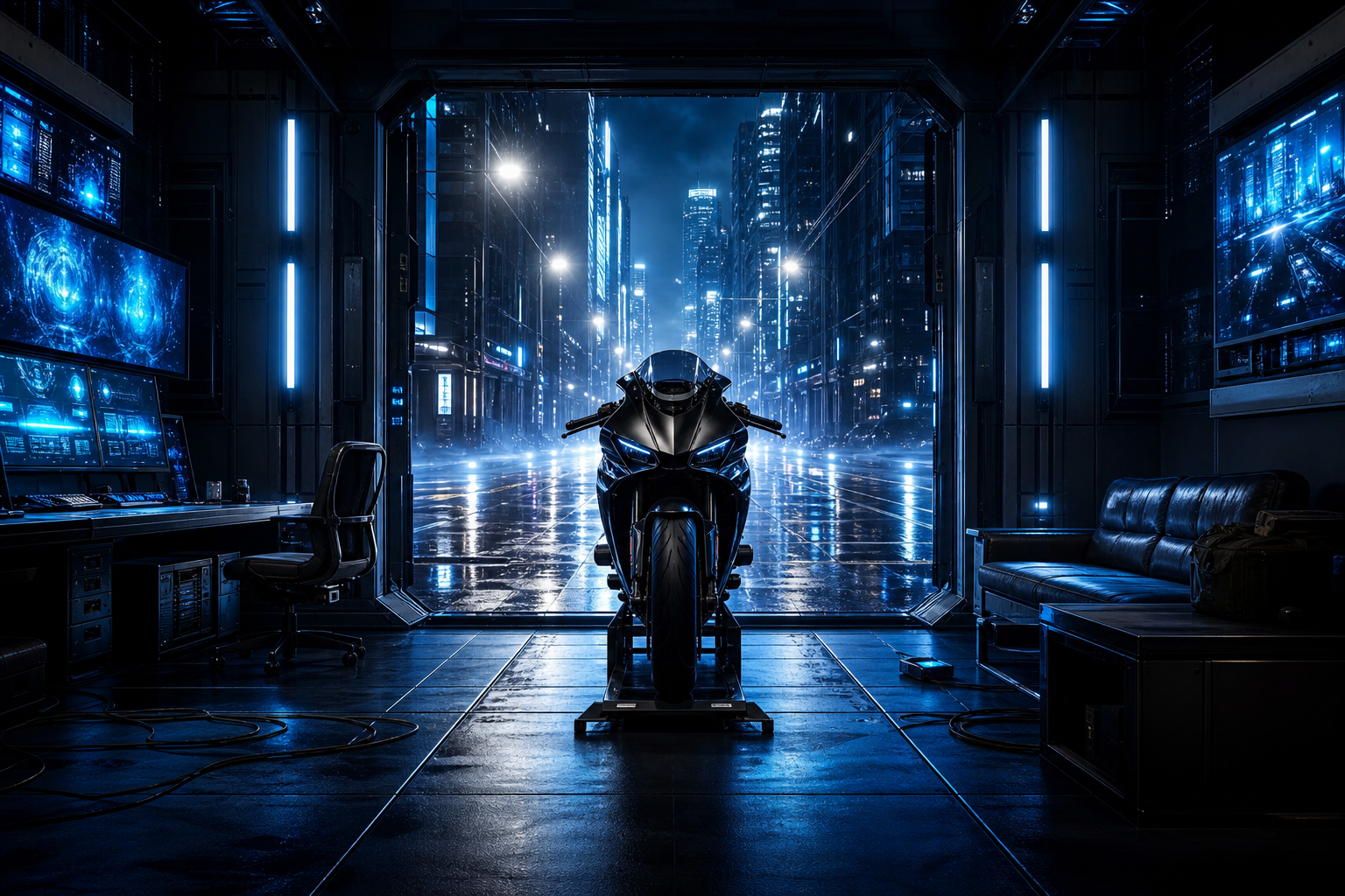 Cyberpunk Hacker Room With Neon Screens Motorcycles Wallpaper  3 4K