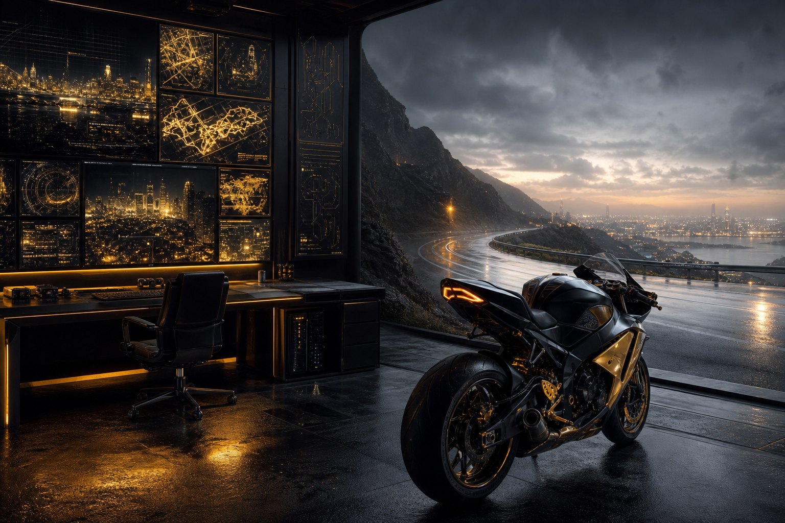 Cyberpunk Hacker Room With Neon Screens Motorcycles Wallpaper  3 4K