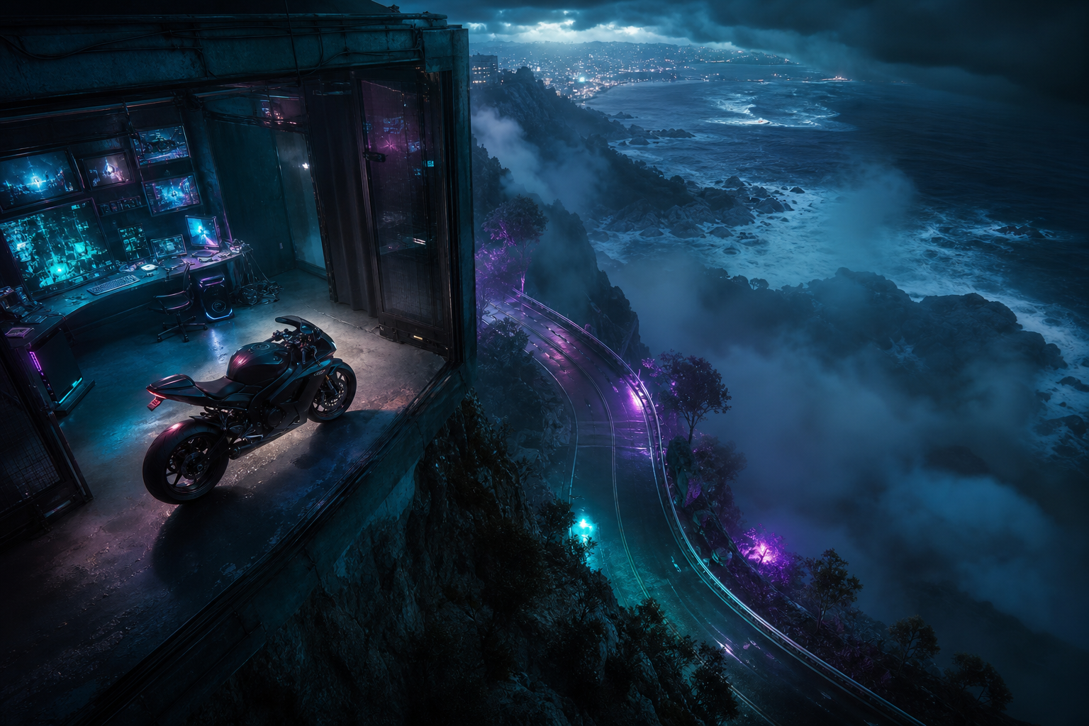 Cyberpunk Hacker Room With Neon Screens Motorcycles Wallpaper  3 4K