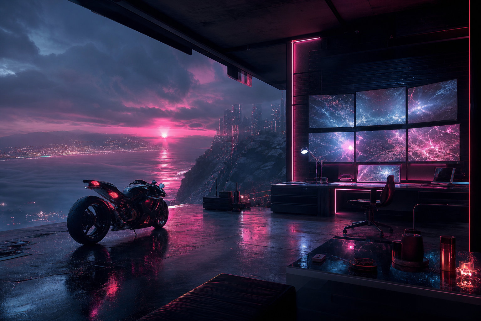 Cyberpunk Hacker Room With Neon Screens Motorcycles Wallpaper  3 4K