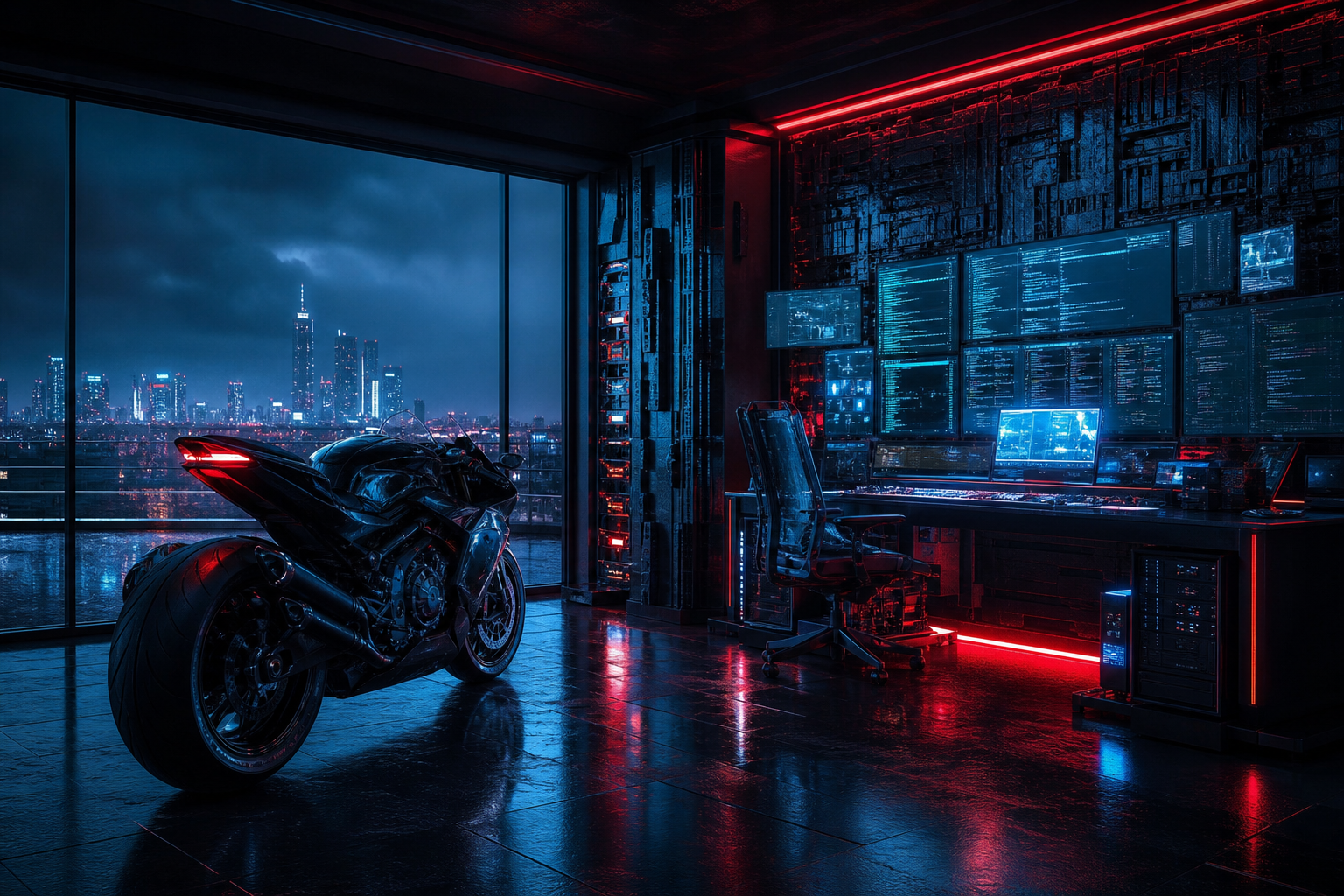 Cyberpunk Hacker Room With Neon Screens Motorcycles Wallpaper  3 4K