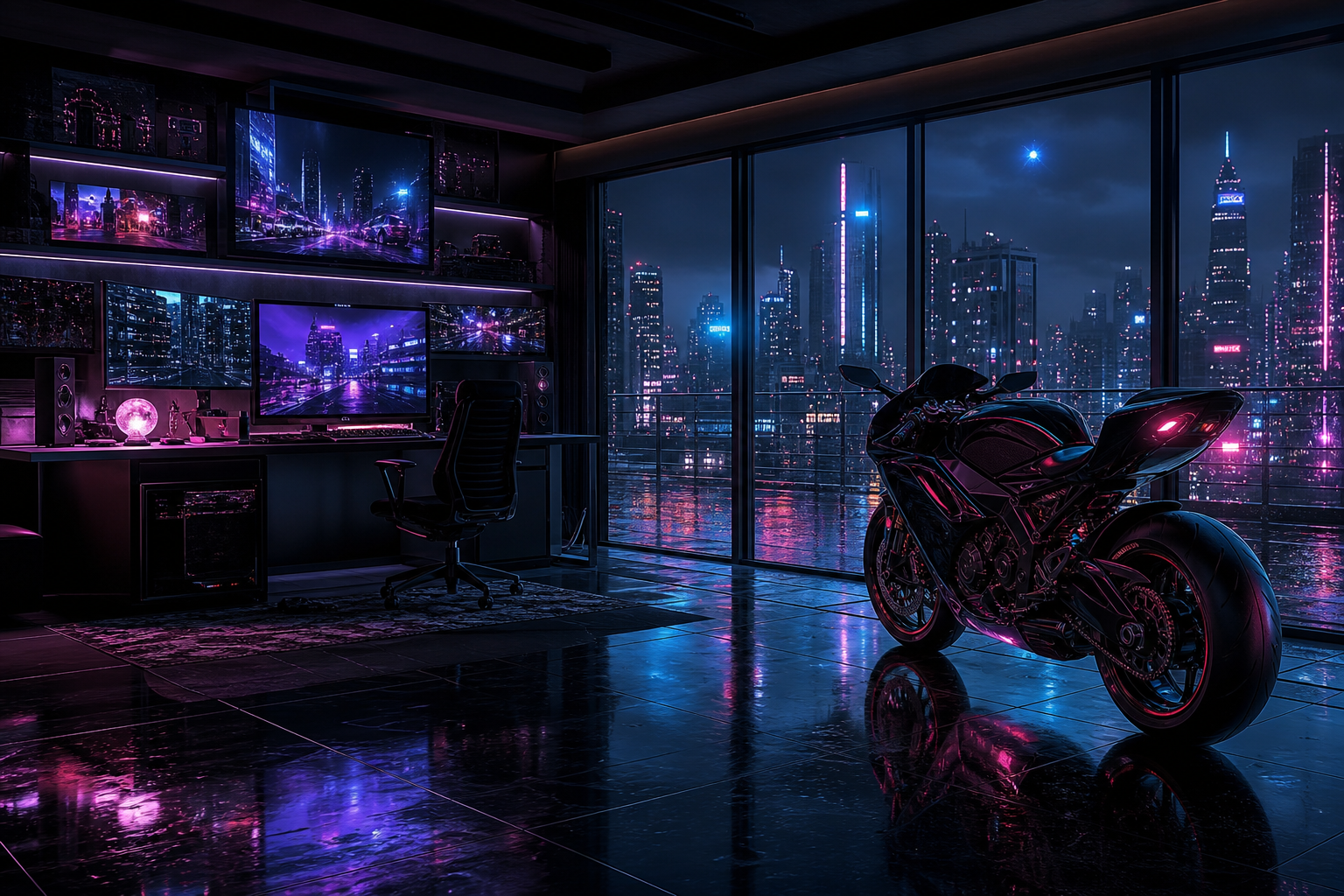 Cyberpunk Hacker Room With Neon Screens Motorcycles Wallpaper 3 4K 11 4K Motorcycles Wallpaper