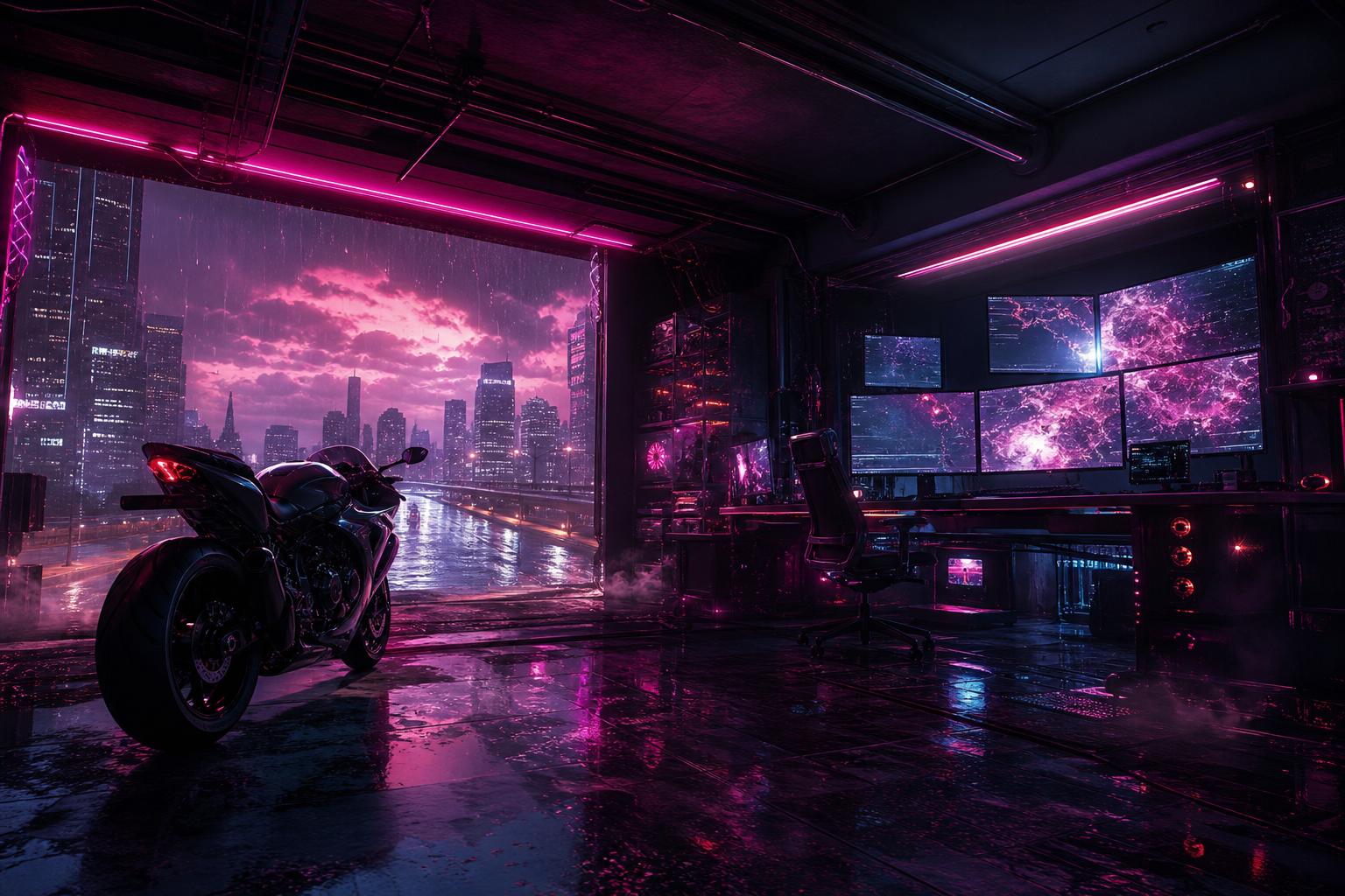 Cyberpunk Hacker Room With Neon Screens Motorcycles Wallpaper  3 4K