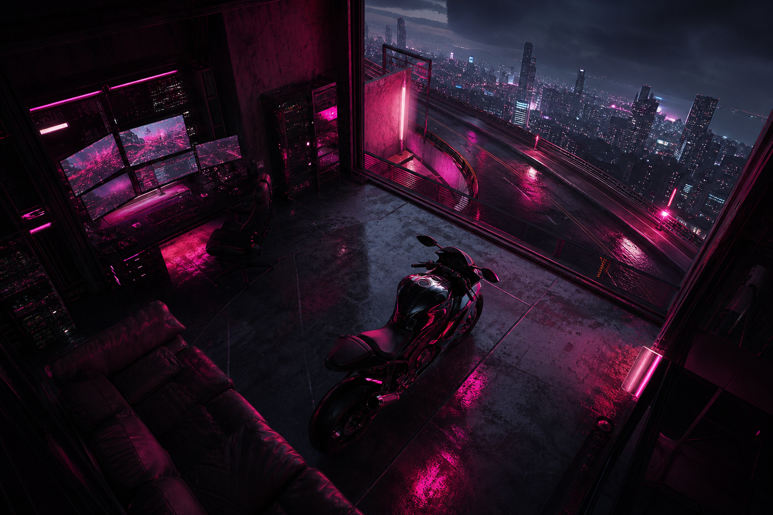 Cyberpunk Hacker Room With Neon Screens Motorcycles Wallpaper  3 4K