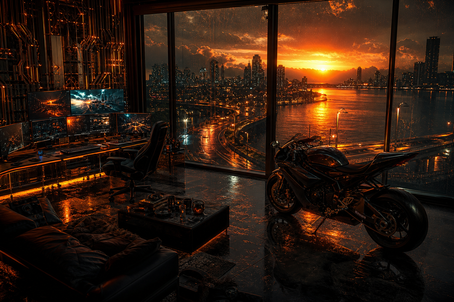 Cyberpunk Hacker Room With Neon Screens Motorcycles Wallpaper  3 4K