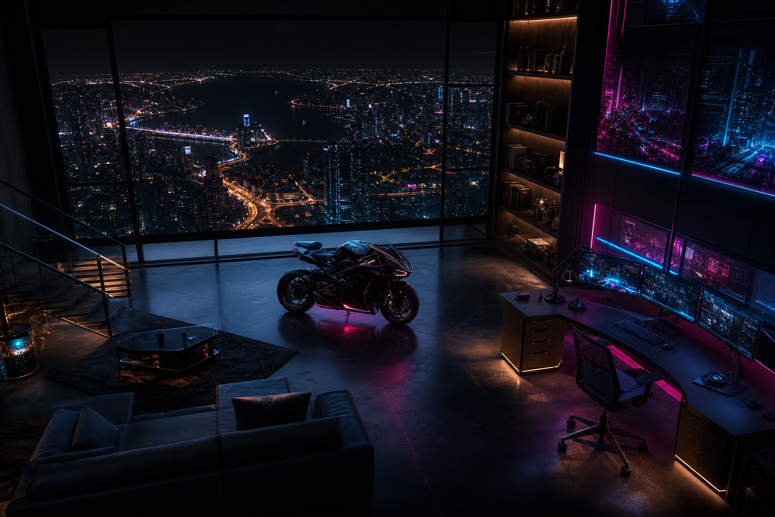 Cyberpunk Hacker Room With Neon Screens Motorcycles Wallpaper  3 4K