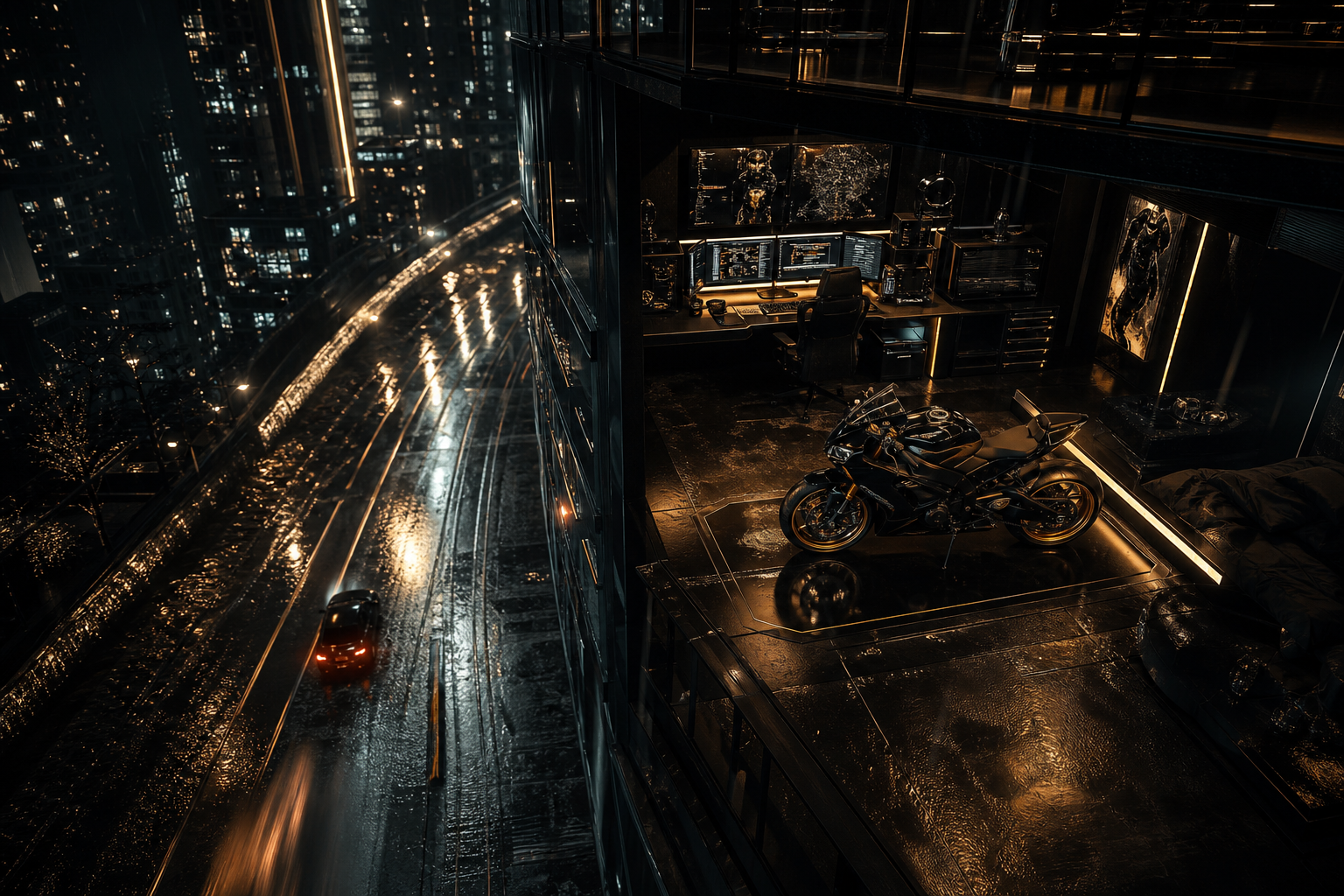 Cyberpunk Hacker Room With Neon Screens Motorcycles Wallpaper  3 4K
