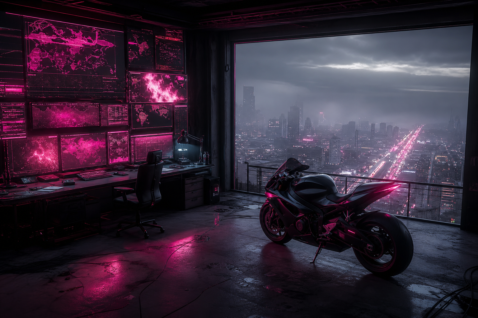 Cyberpunk Hacker Room With Neon Screens Motorcycles Wallpaper  3 4K