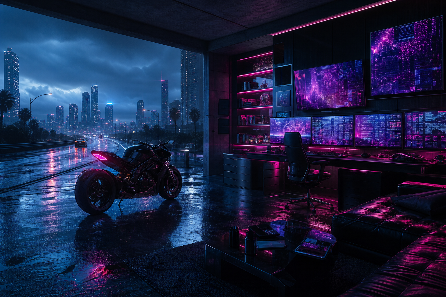 Cyberpunk Hacker Room With Neon Screens Motorcycles Wallpaper  3 4K