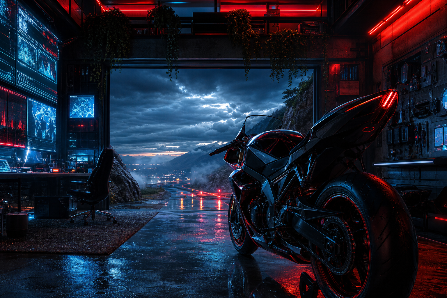 Cyberpunk Hacker Room With Neon Screens Motorcycles Wallpaper  3 4K