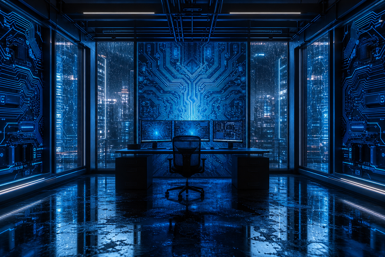 Cyberpunk Hacker Room With Neon Screens Pcb-Design Wallpaper  3 4K