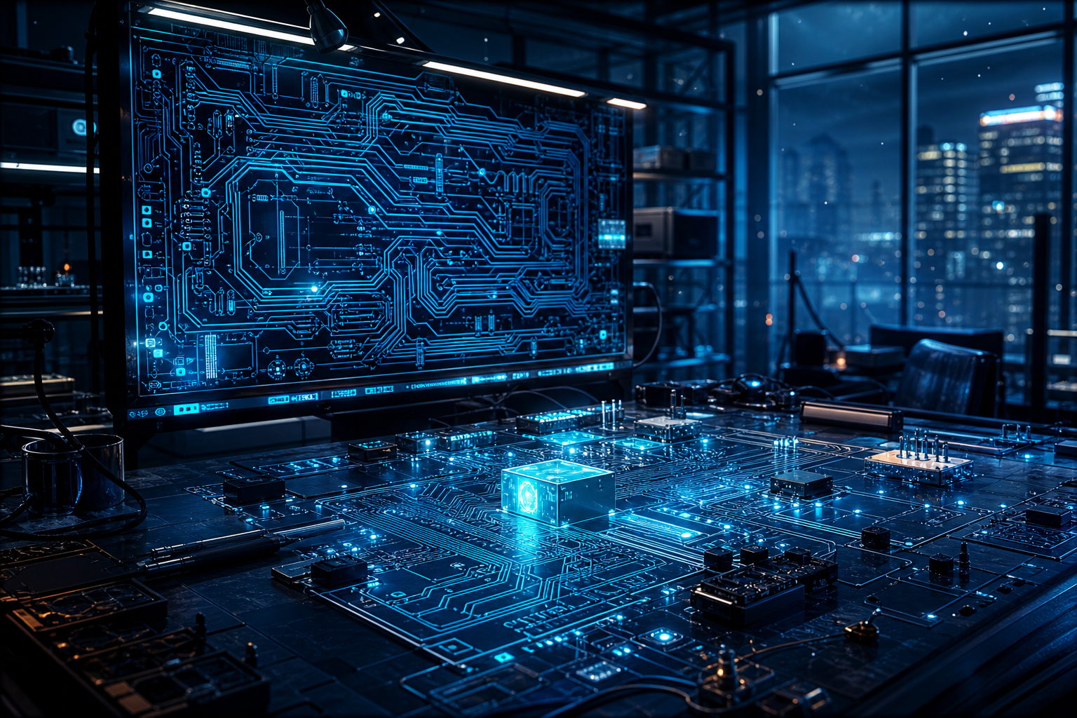 Cyberpunk Hacker Room With Neon Screens Pcb-Design Wallpaper  3 4K