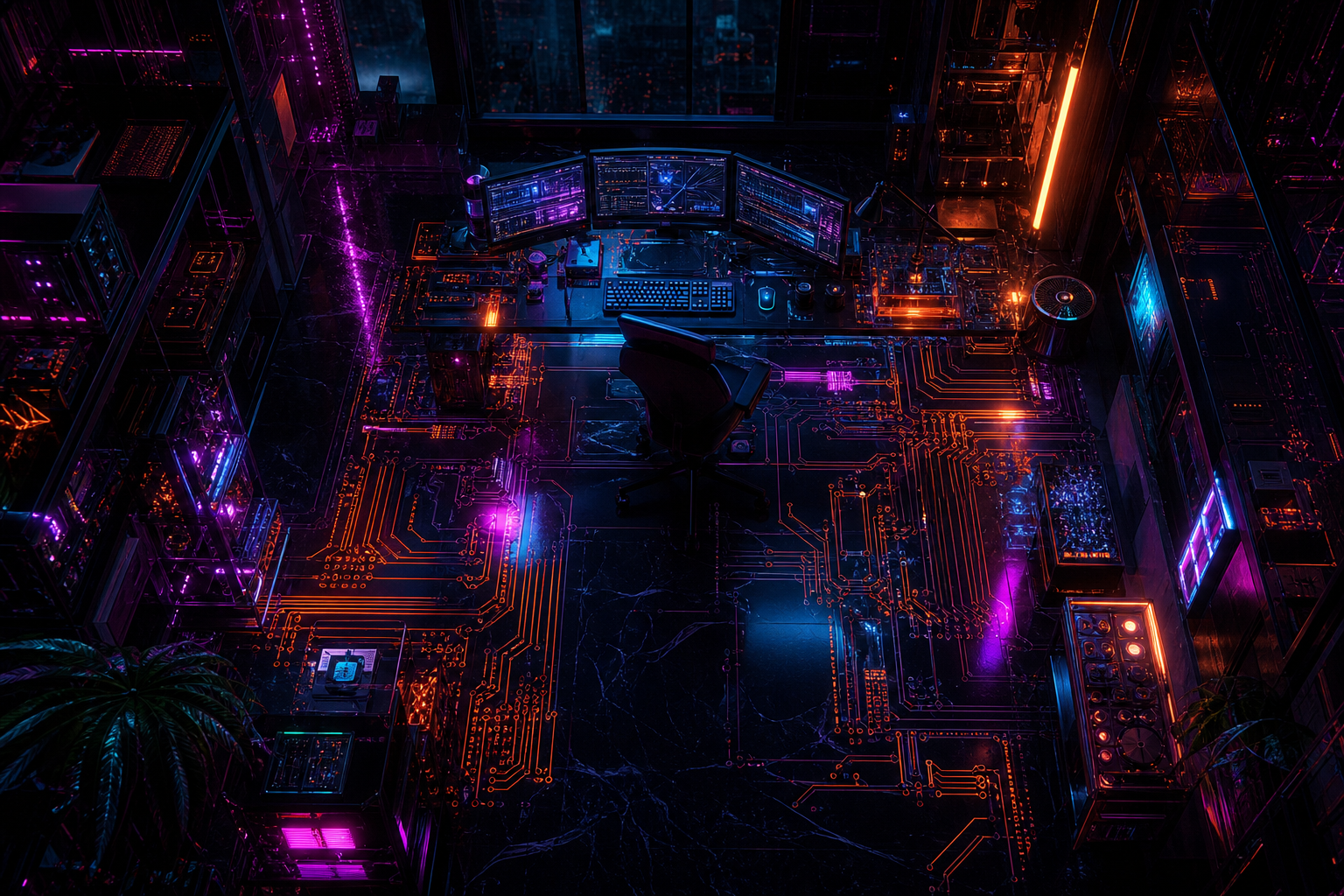 Cyberpunk Hacker Room With Neon Screens Pcb-Design Wallpaper  3 4K