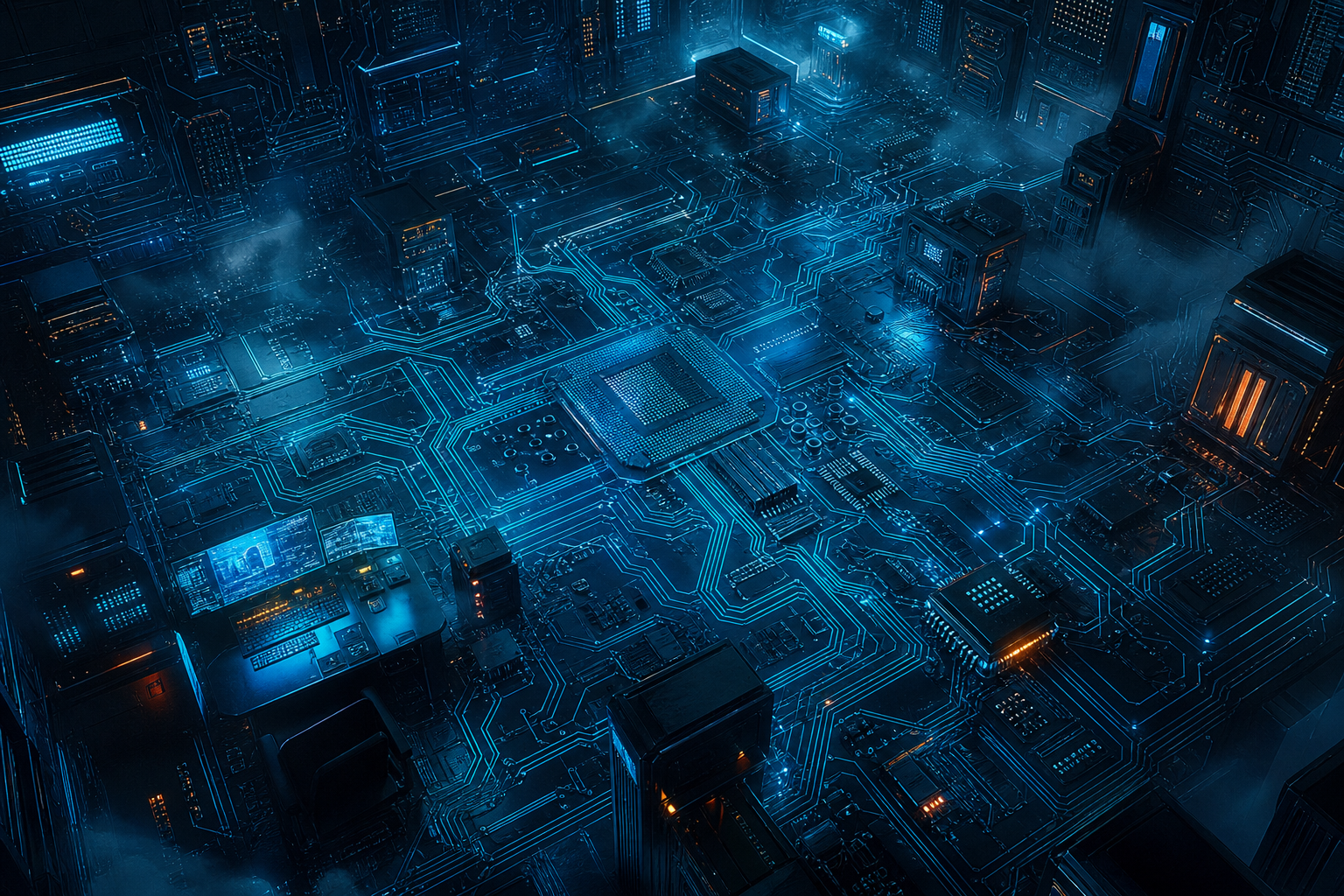Cyberpunk Hacker Room With Neon Screens Pcb-Design Wallpaper  3 4K