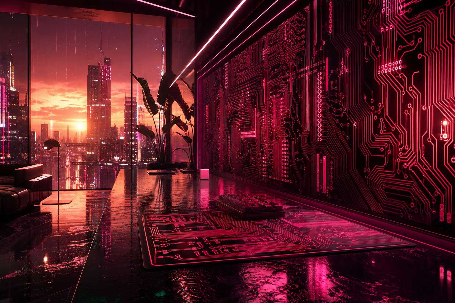Cyberpunk Hacker Room With Neon Screens Pcb-Design Wallpaper  3 4K