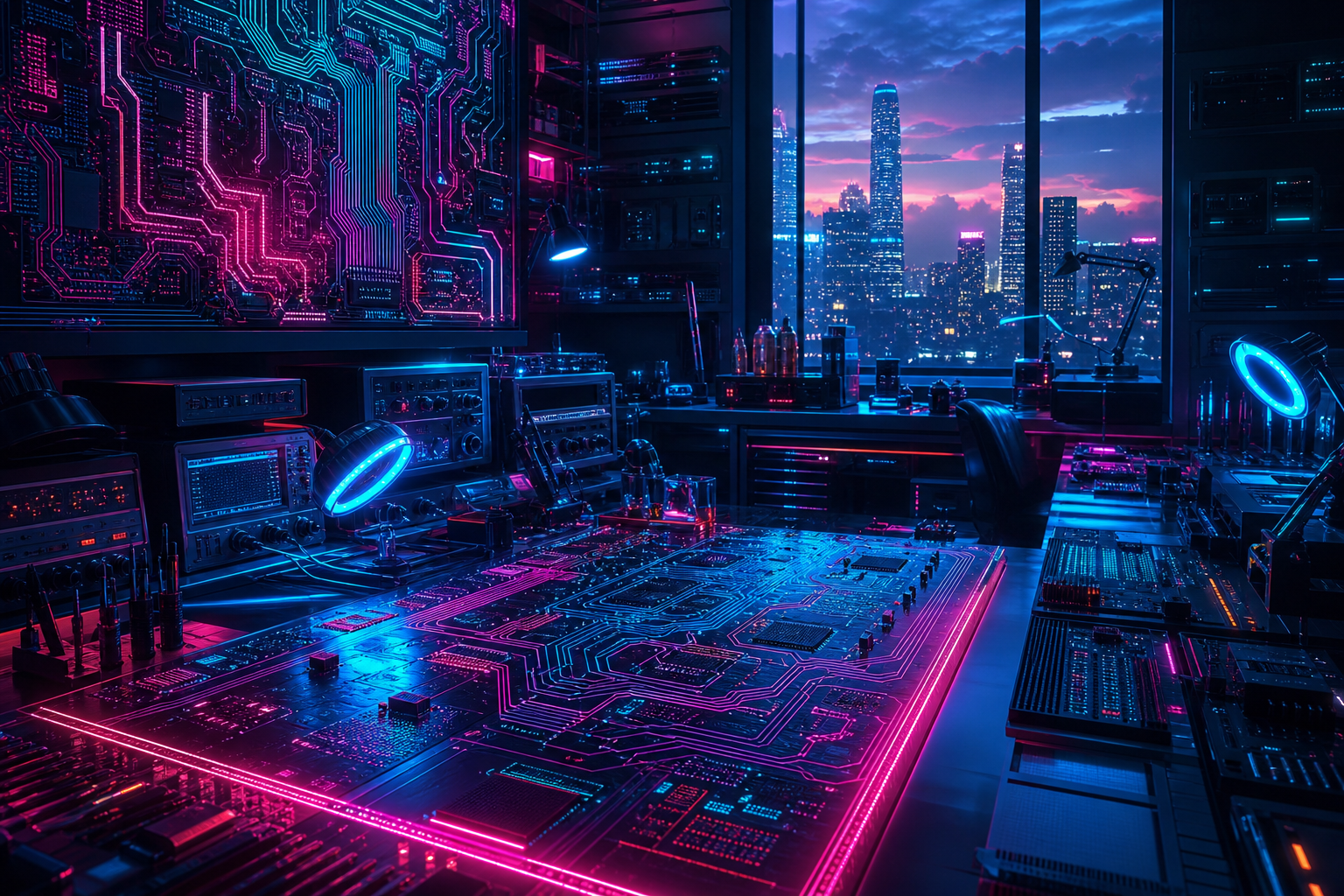 Cyberpunk Hacker Room With Neon Screens Pcb-Design Wallpaper  3 4K