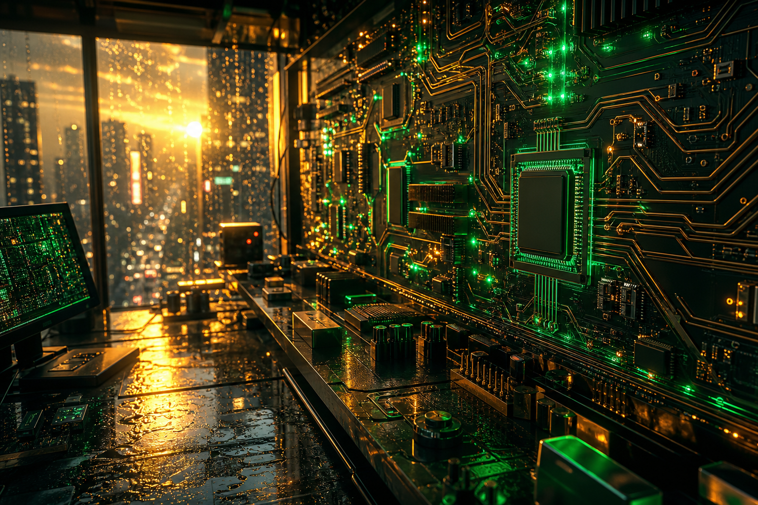 Cyberpunk Hacker Room With Neon Screens Pcb-Design Wallpaper  3 4K