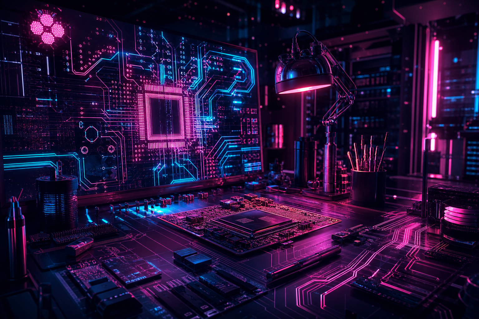 Cyberpunk Hacker Room With Neon Screens Pcb-Design Wallpaper  3 4K