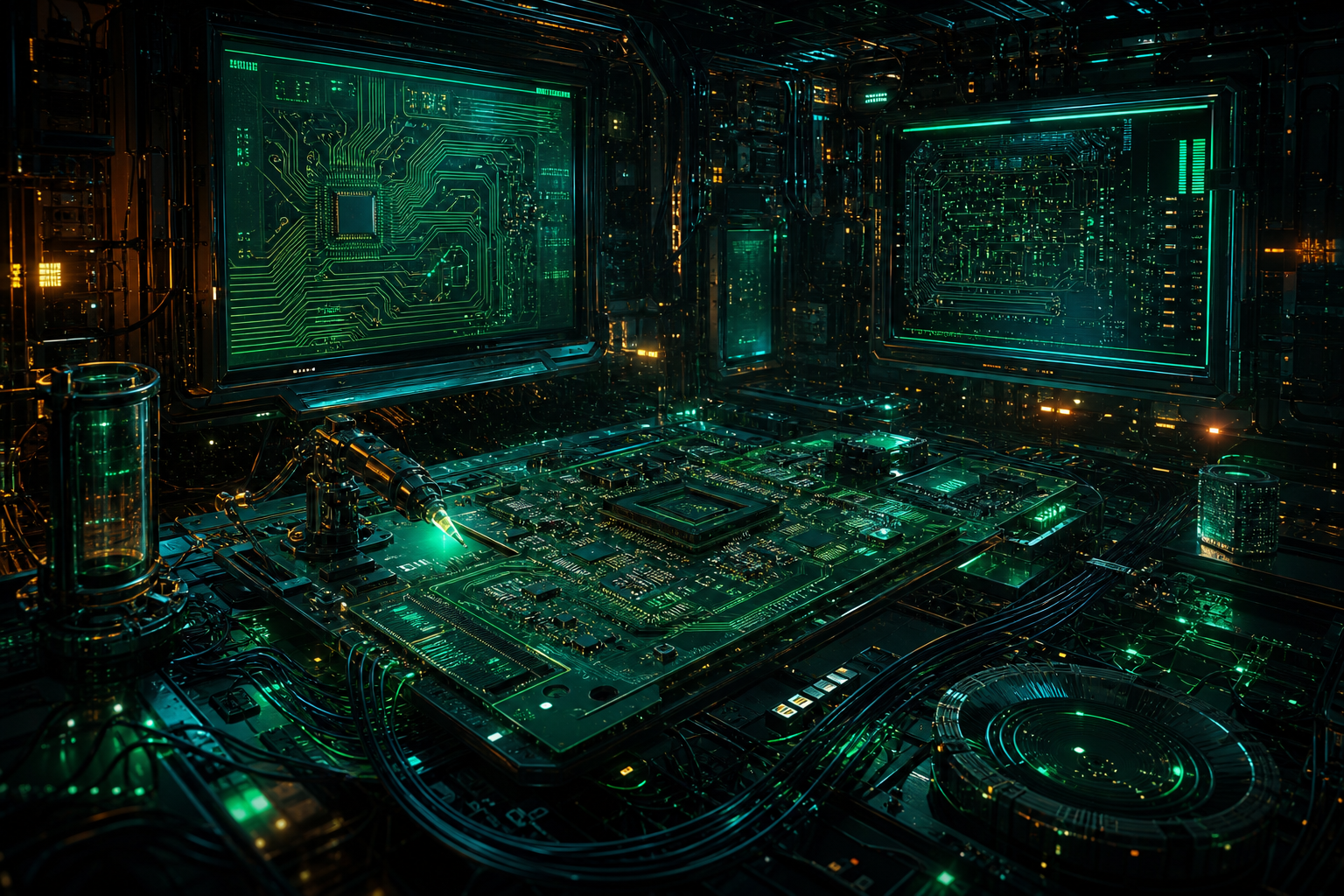 Cyberpunk Hacker Room With Neon Screens Pcb-Design Wallpaper  3 4K