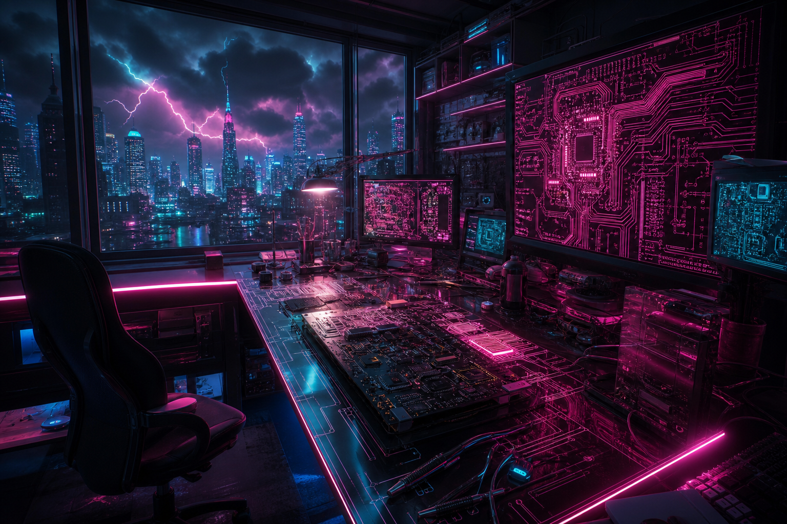Cyberpunk Hacker Room With Neon Screens Pcb-Design Wallpaper  3 4K