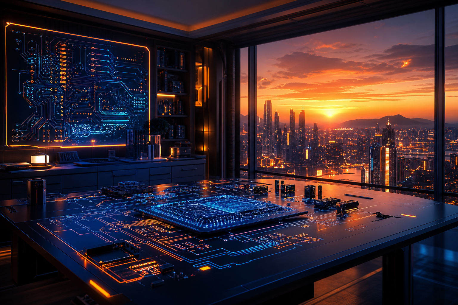 Cyberpunk Hacker Room With Neon Screens Pcb-Design Wallpaper  3 4K