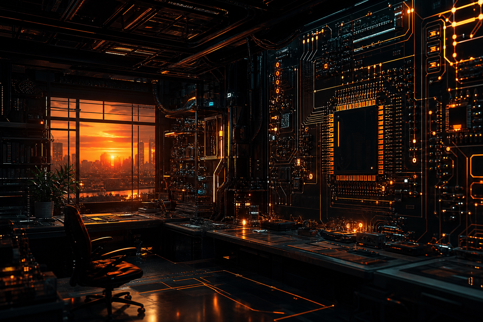 Cyberpunk Hacker Room With Neon Screens Pcb-Design Wallpaper  3 4K