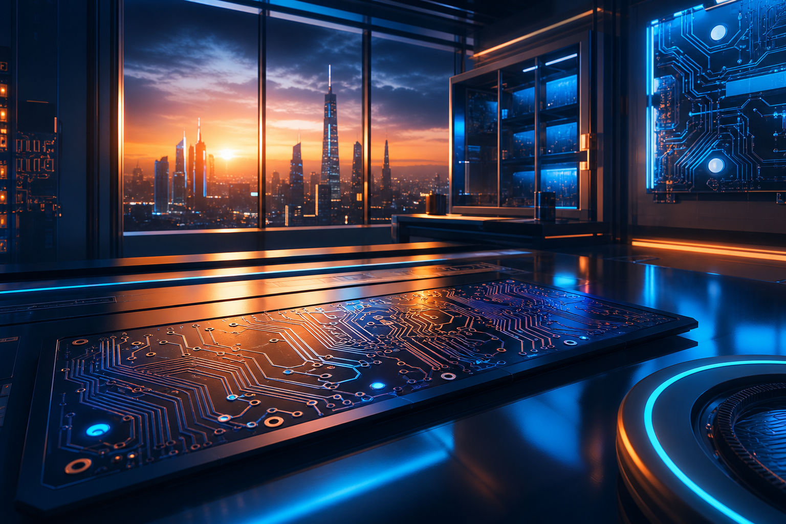 Cyberpunk Hacker Room With Neon Screens Pcb-Design Wallpaper  3 4K