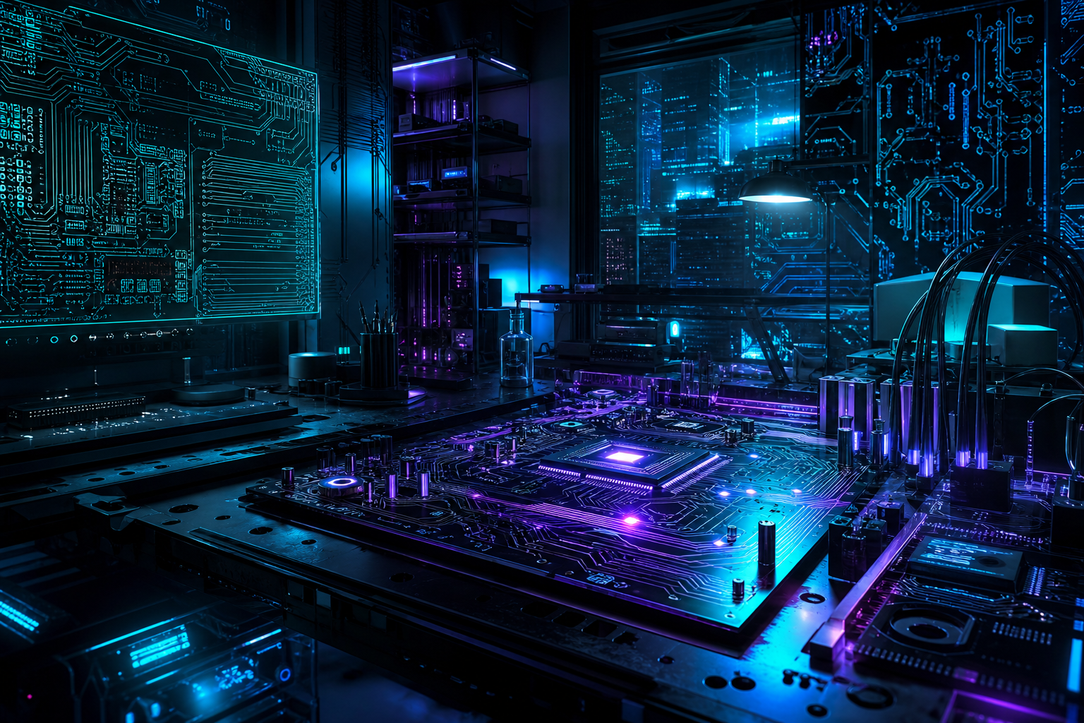 Cyberpunk Hacker Room With Neon Screens Pcb-Design Wallpaper  3 4K