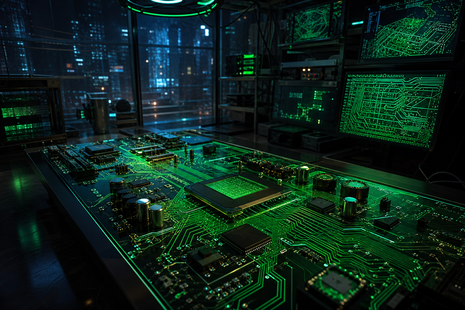 Cyberpunk Hacker Room With Neon Screens Pcb-Design Wallpaper  3 4K