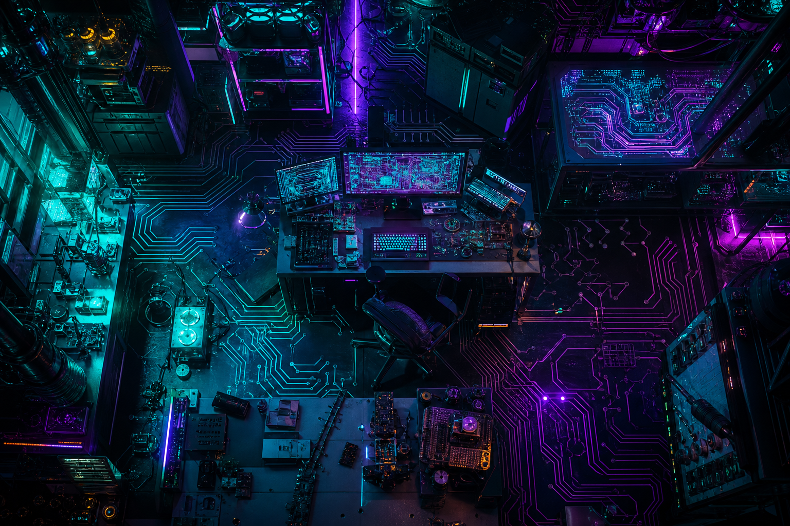 Cyberpunk Hacker Room With Neon Screens Pcb-Design Wallpaper  3 4K