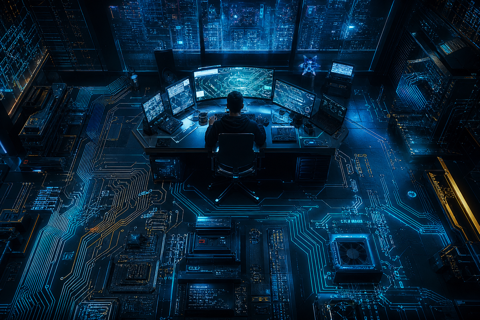 Cyberpunk Hacker Room With Neon Screens Pcb-Design Wallpaper  3 4K