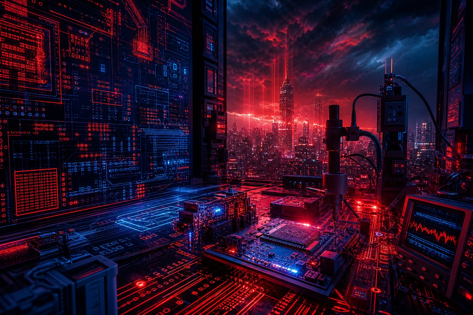 Cyberpunk Hacker Room With Neon Screens Pcb-Design Wallpaper  3 4K