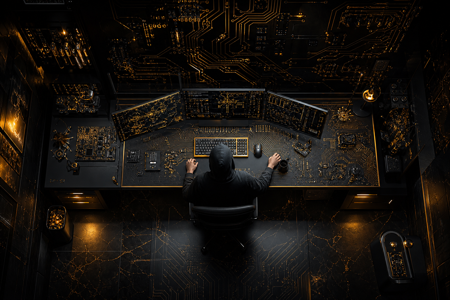 Cyberpunk Hacker Room With Neon Screens Pcb-Design Wallpaper  3 4K