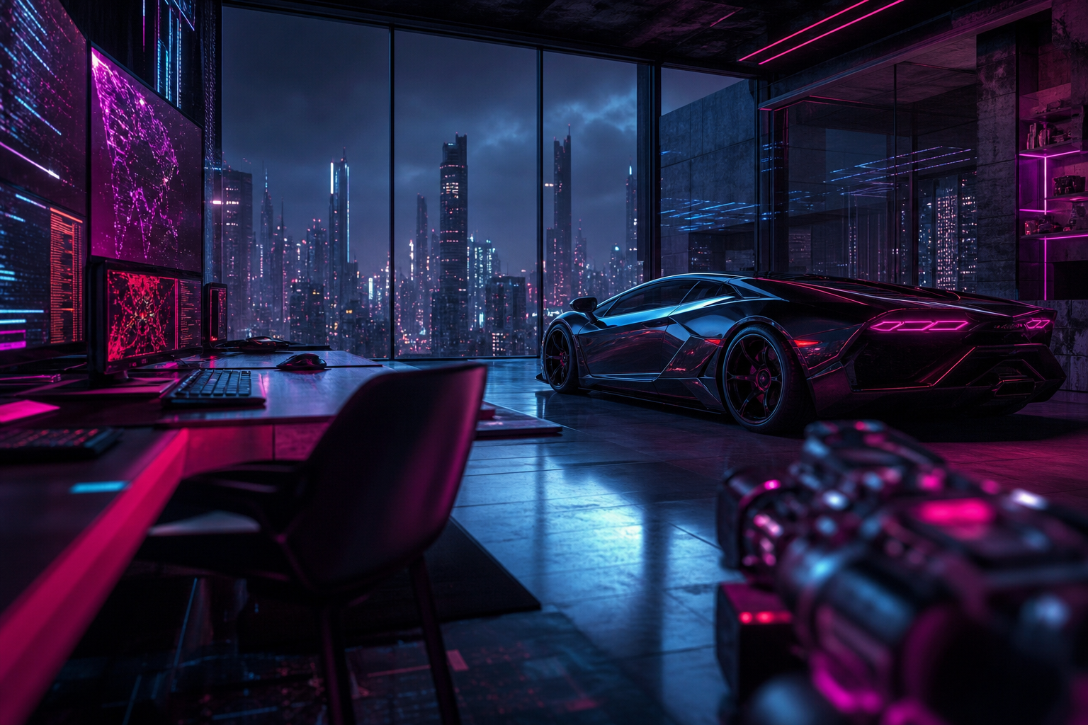 Cyberpunk Hacker Room With Neon Screens Supercars Wallpaper  3 4K