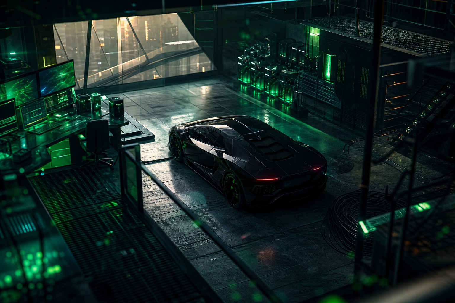 Cyberpunk Hacker Room With Neon Screens Supercars Wallpaper  3 4K