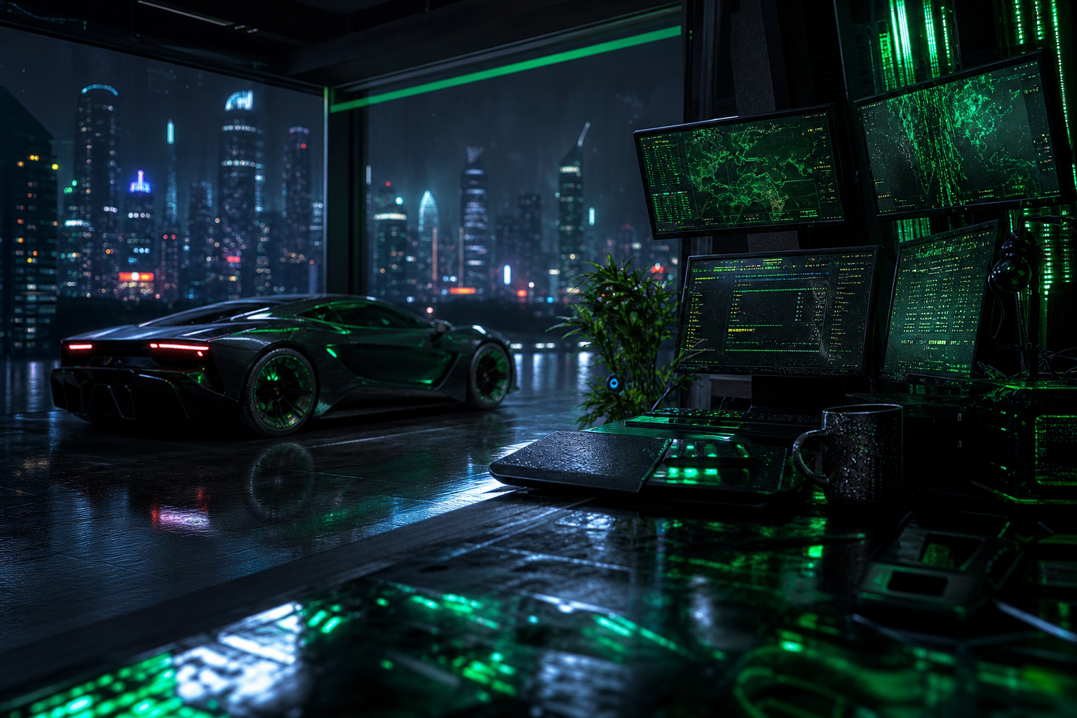 Cyberpunk Hacker Room With Neon Screens Supercars Wallpaper  3 4K