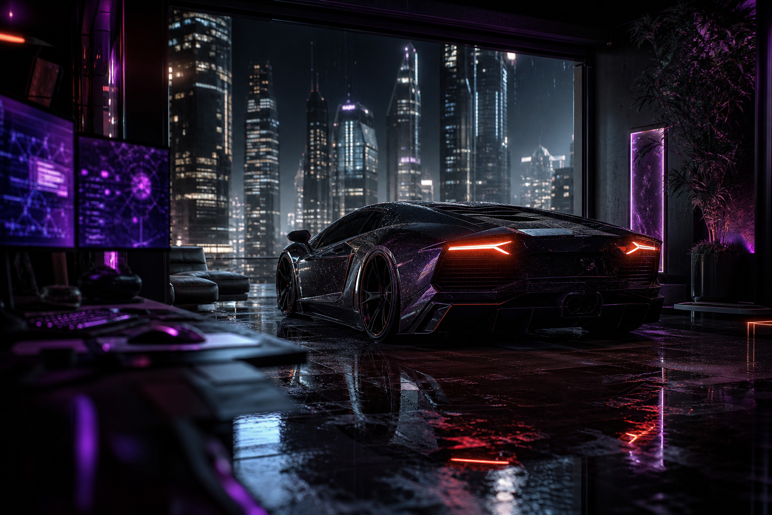 Cyberpunk Hacker Room With Neon Screens Supercars Wallpaper  3 4K