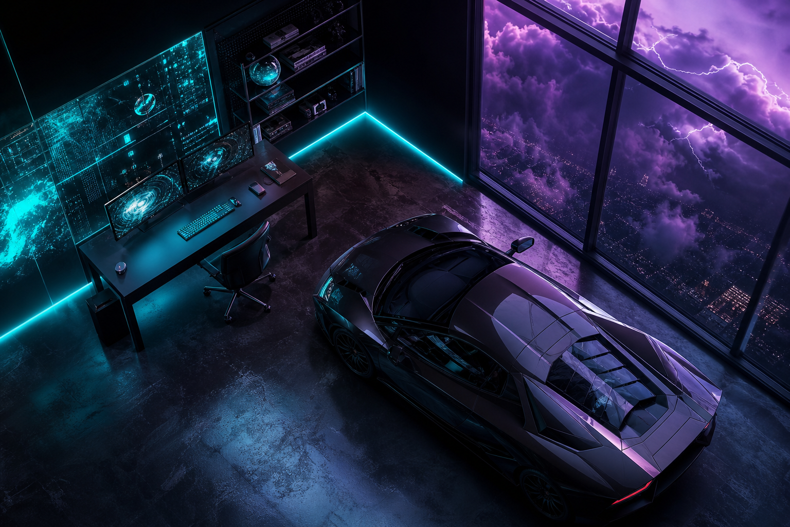 Cyberpunk Hacker Room With Neon Screens Supercars Wallpaper  3 4K