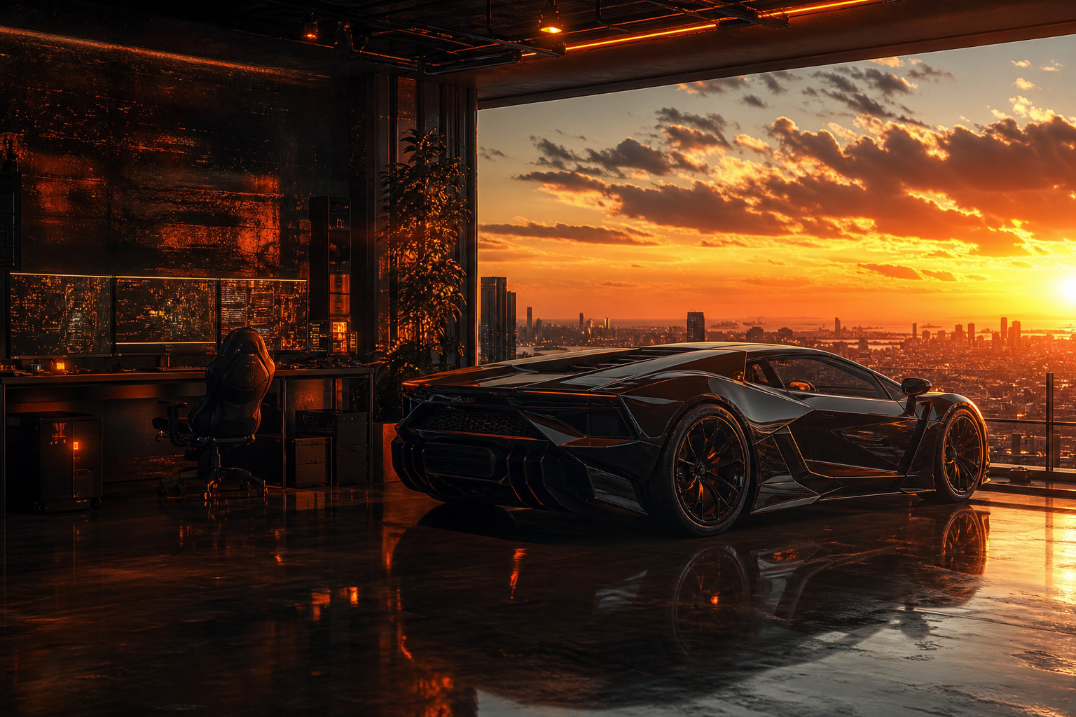 Cyberpunk Hacker Room With Neon Screens Supercars Wallpaper  3 4K