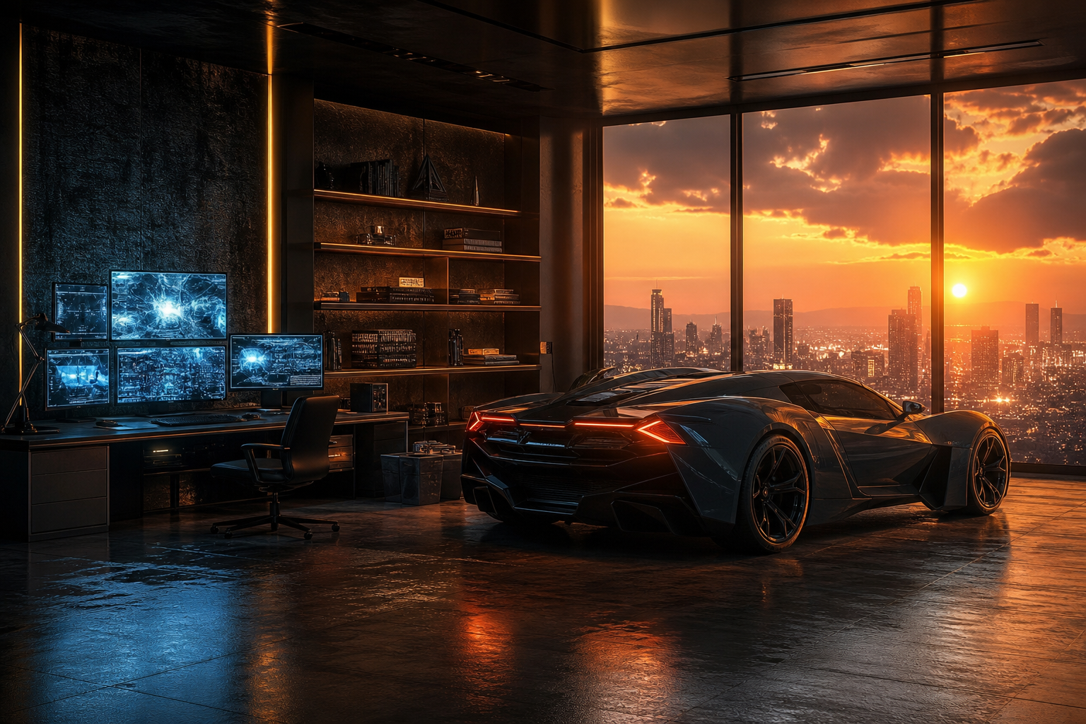 Cyberpunk Hacker Room With Neon Screens Supercars Wallpaper  3 4K