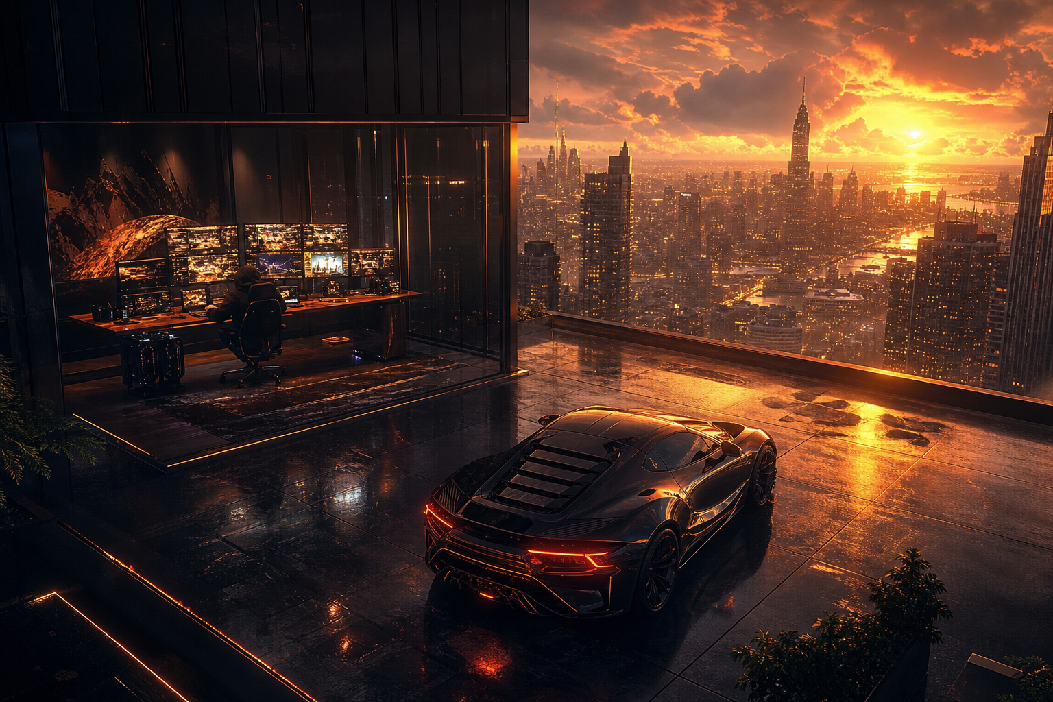 Cyberpunk Hacker Room With Neon Screens Supercars Wallpaper  3 4K