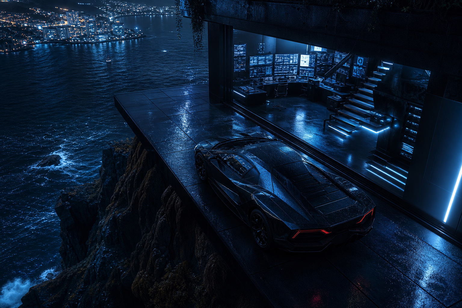 Cyberpunk Hacker Room With Neon Screens Supercars Wallpaper  3 4K