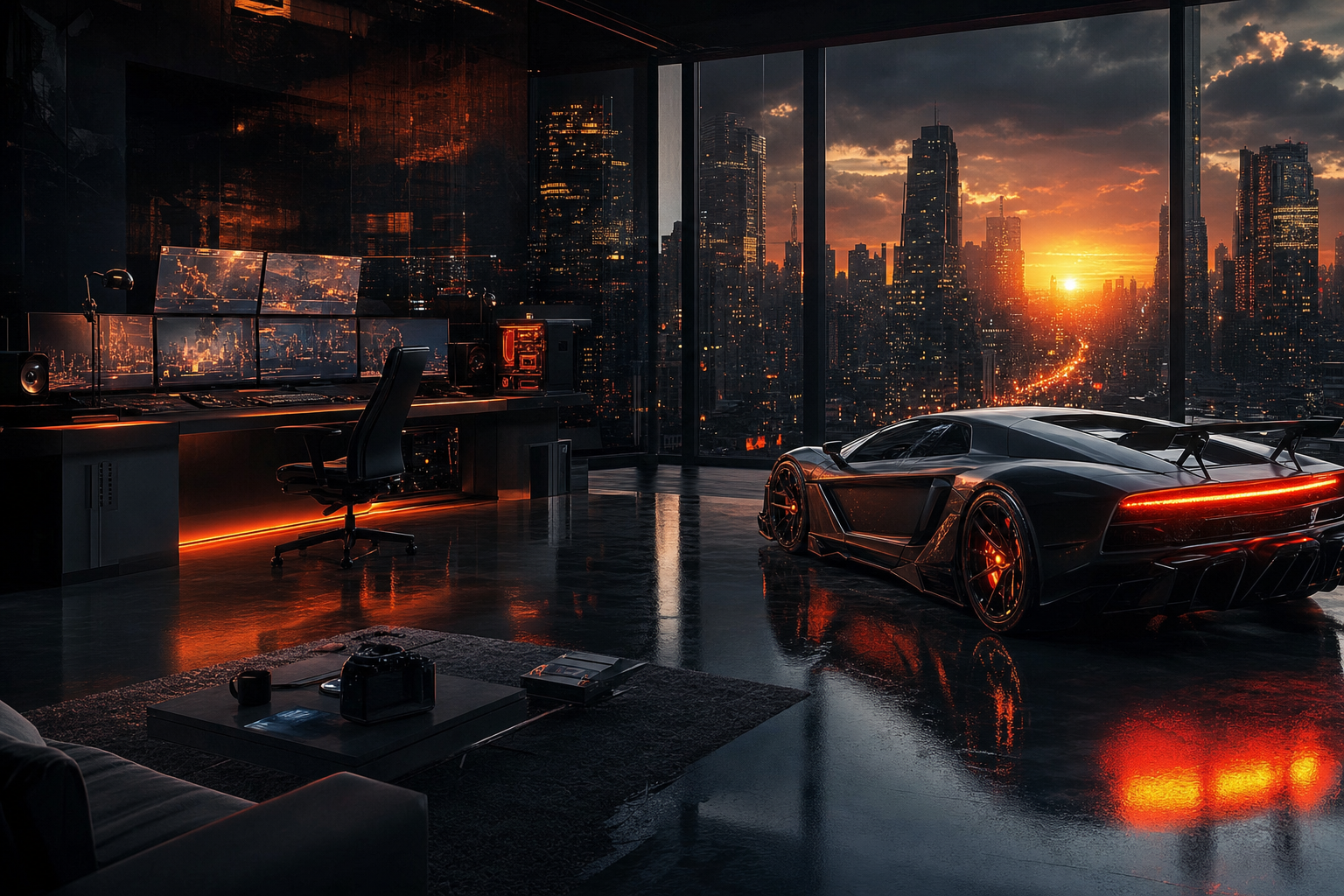 Cyberpunk Hacker Room With Neon Screens Supercars Wallpaper  3 4K